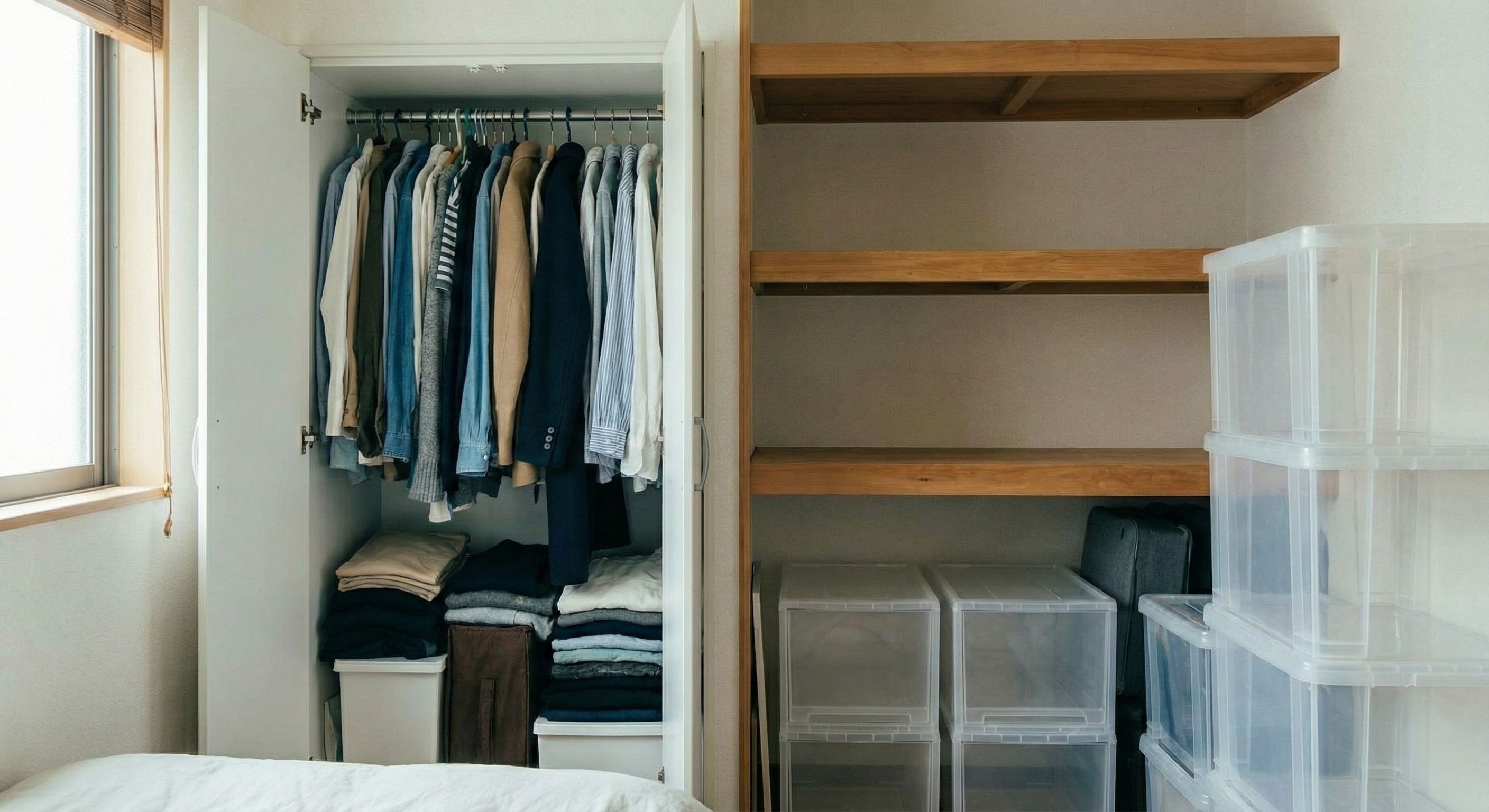 Organized closet with neatly hung clothes and storage containers