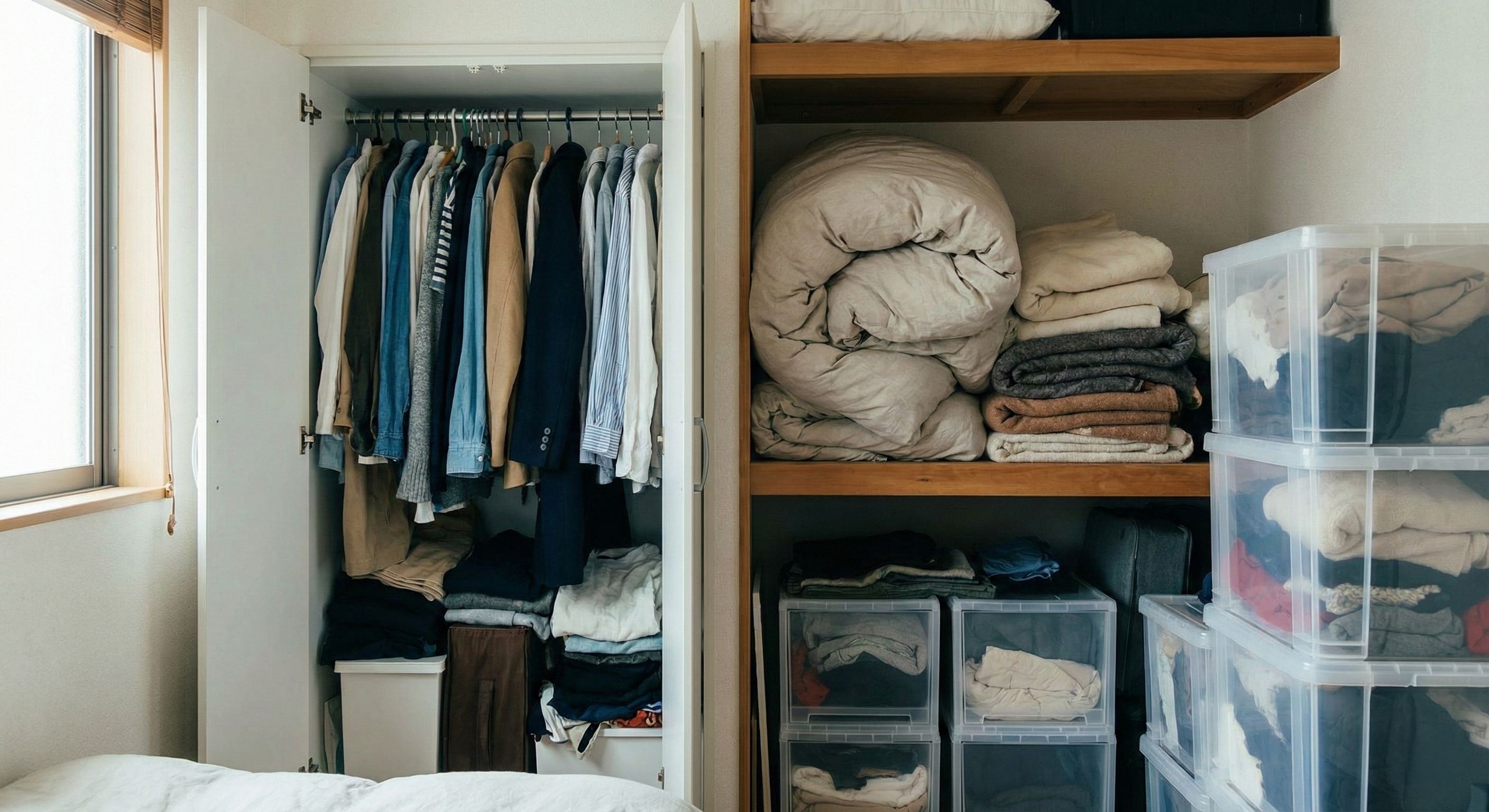 Cluttered closet overflowing with clothes and storage containers